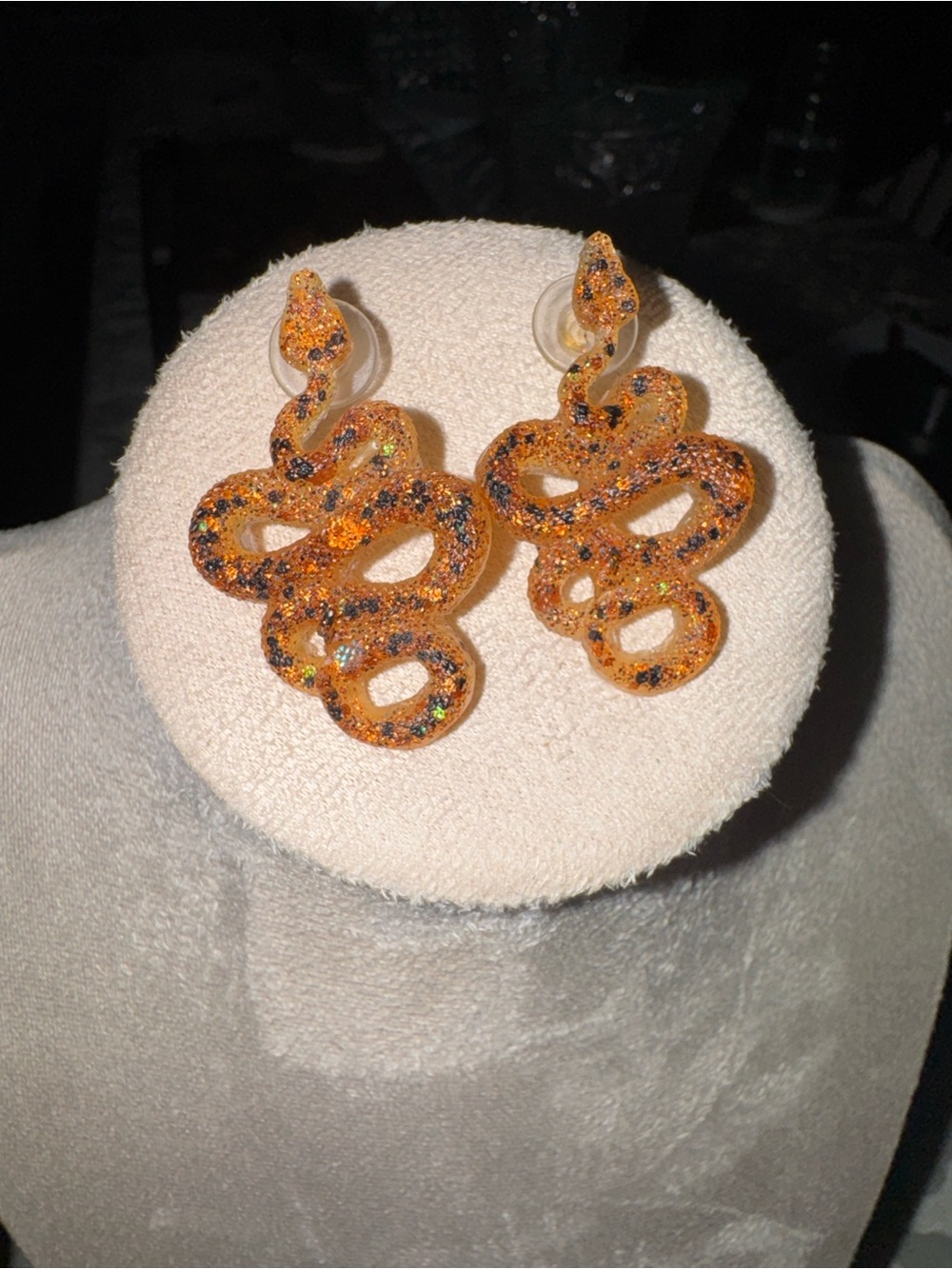 PB & J Orange Glitter Resin Snake Dangle Earrings
